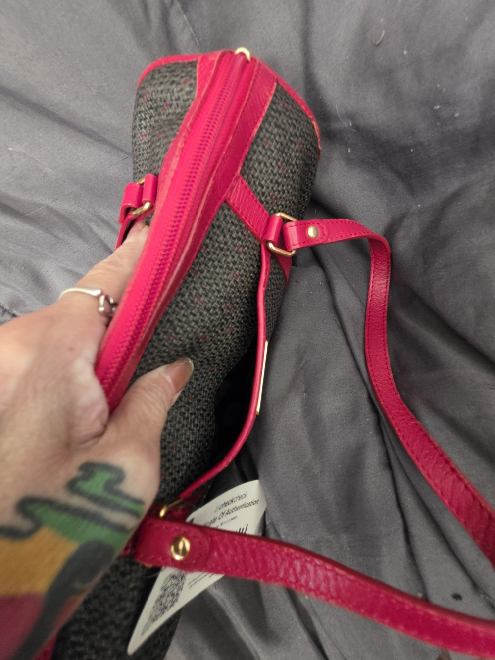 Yves Saint Laurent Brown Woven Cylinder Bag with Red Leather Trim - Picture 3 of 16